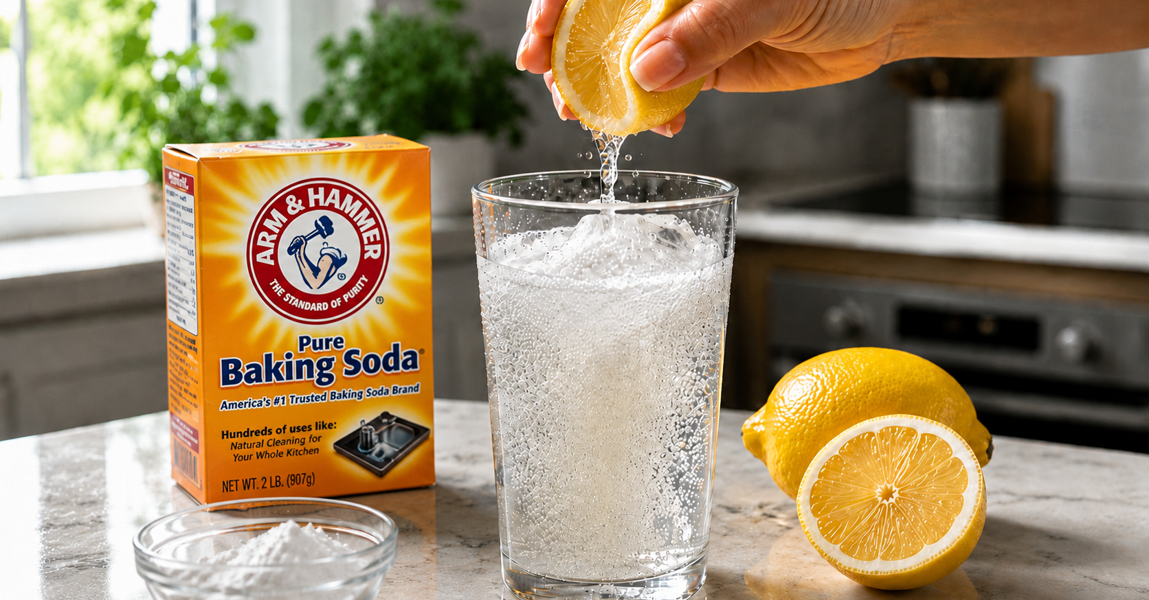Squeezing lemon into a glass of sparkling water