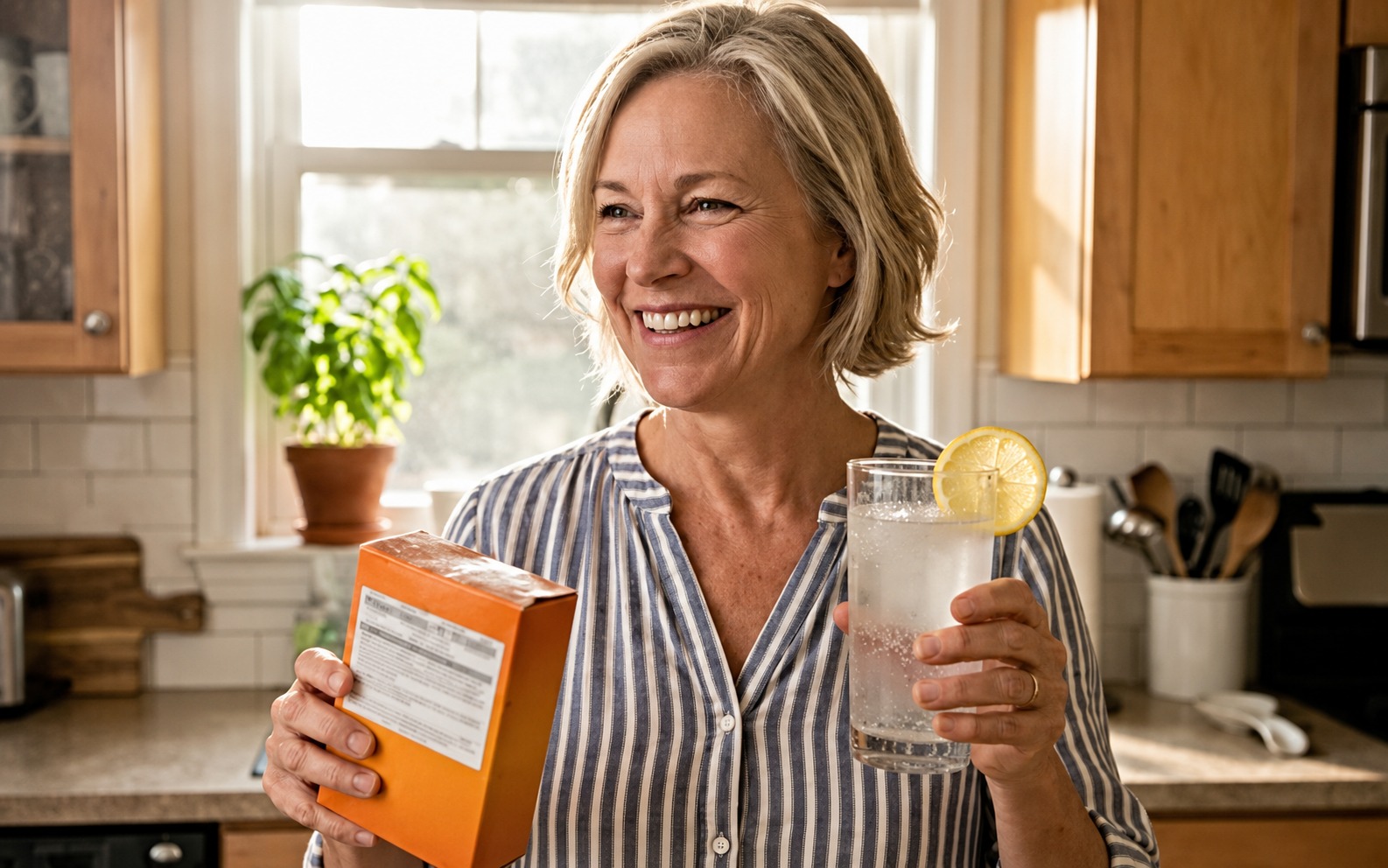 Smiling woman in her kitchen holding a supplement box and a glass of lemon water